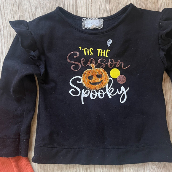 Girls 5T Halloween Outfit Orange Black Flare Pants Cozy Pumpkin Shirt - Picture 2 of 9